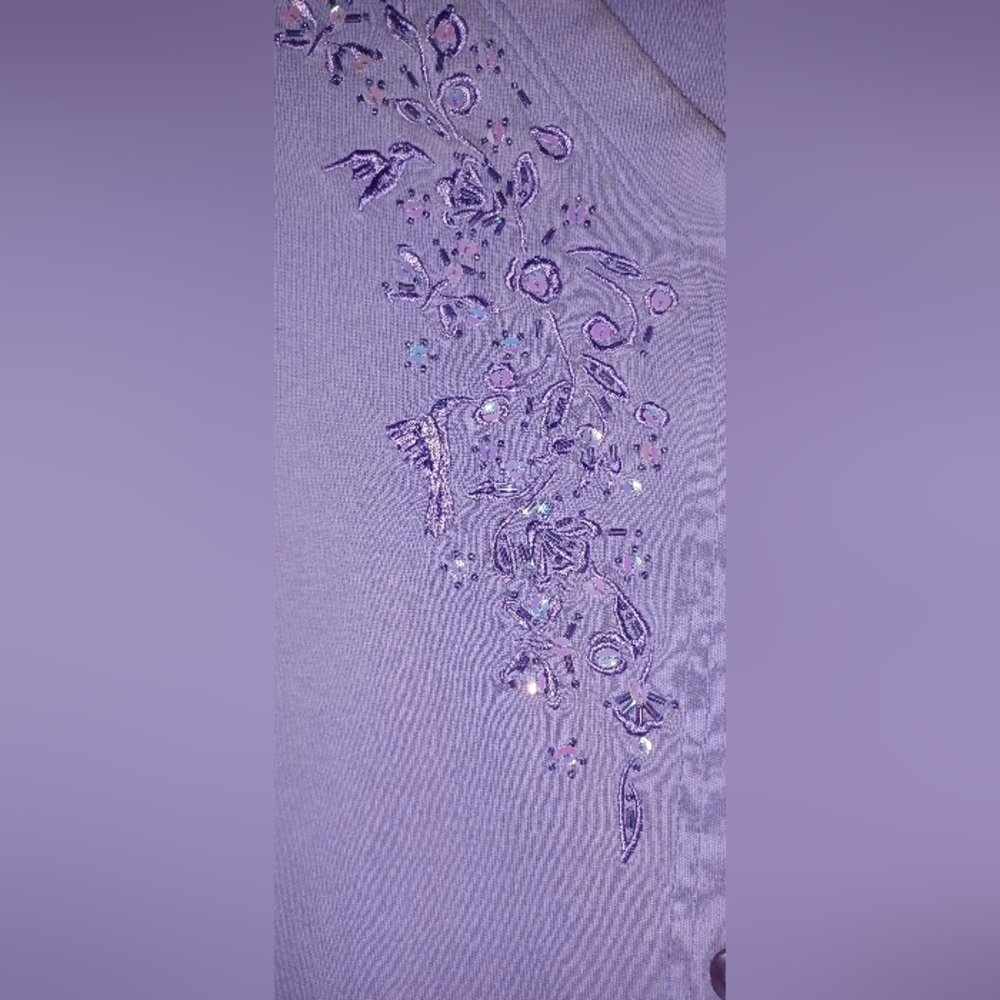 Beautiful Lavender Cartigan  Embellished With  Hummingbirds & Flowers